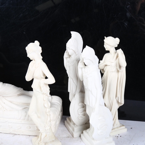 304 - A group of 6 alabaster and plaster Classical figures, including Minerva, and a reclining semi-nude (... 