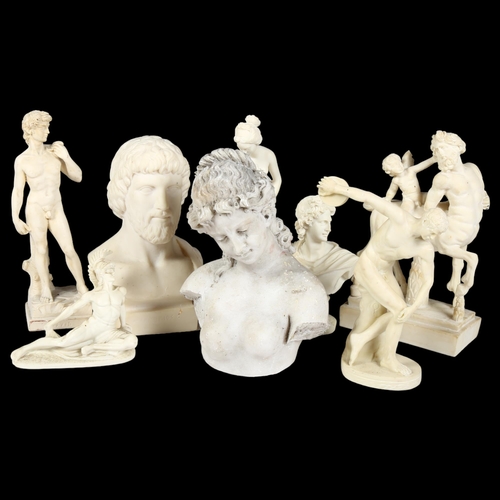 305 - A group of alabaster Classical figures, including Askahnios, and a Centaur, and a small marble bust ... 