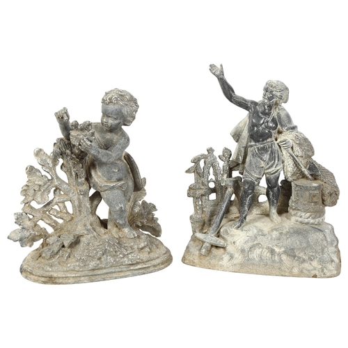 306 - 2 weathered cast-metal figural groups, 1 depicting a cherub, and another, H22cm