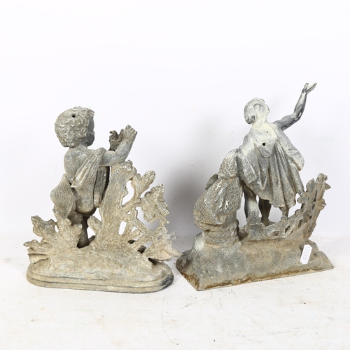 306 - 2 weathered cast-metal figural groups, 1 depicting a cherub, and another, H22cm