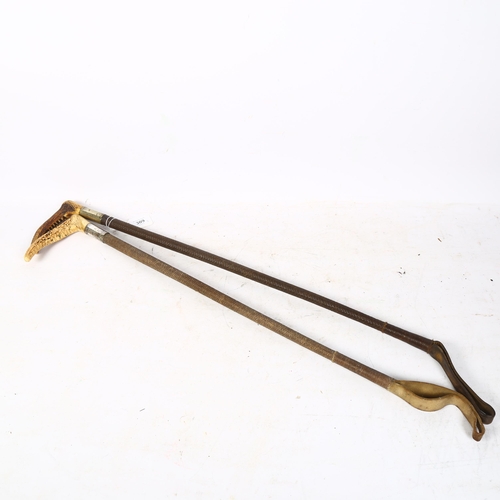 309 - 2 horn-handled riding crops, both with plated mounts, L76cm