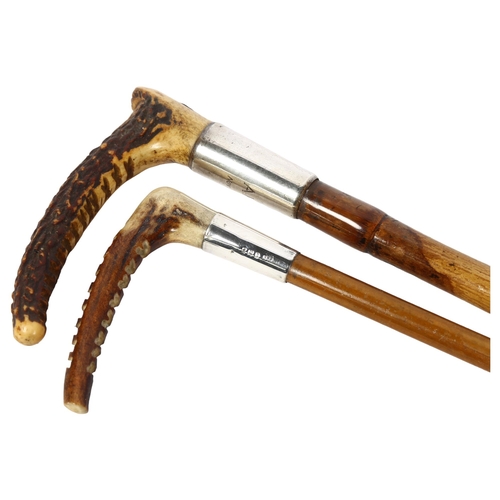 310 - 2 horn-handled riding crops, 1 having a faux bamboo cane and silver mount, initialled A.M.C. Novembe... 