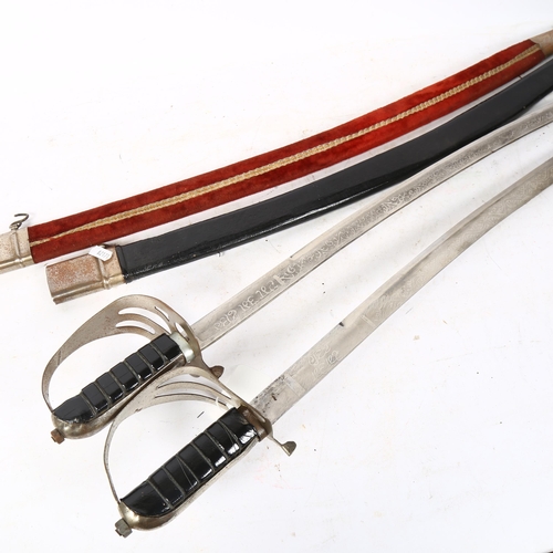 312 - 2 Indian Talwar swords and scabbards, with decorated blades, L96cm