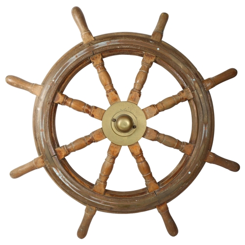 320 - A large Vintage teak and brass-mounted ship's wheel, diameter 90cm