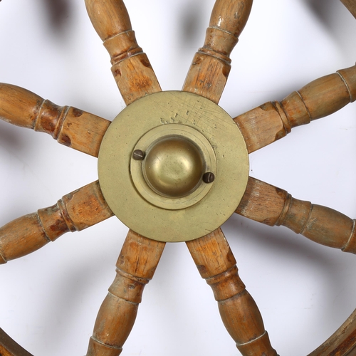 320 - A large Vintage teak and brass-mounted ship's wheel, diameter 90cm