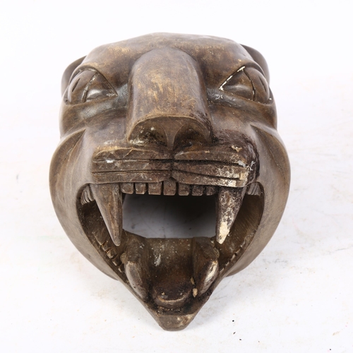 324 - A carved hardwood mask of a tiger, H17cm