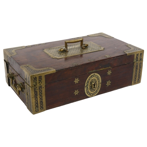 343 - A 19th century Anglo-Indian teak and brass-bound travelling stationery/writing box, with brass carry... 