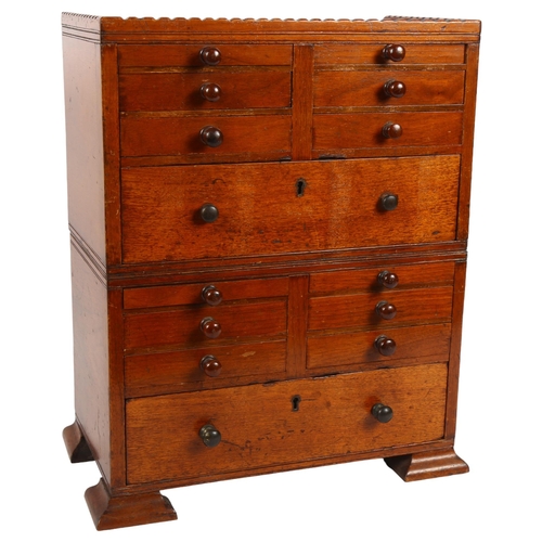 344 - A late Victorian oak collector's chest, with 14 fitted drawers and turned wood handles, on 4 ogee fe... 