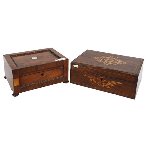 345 - A 19th century mahogany and rosewood travelling writing box, and a 19th century rosewood and marquet... 