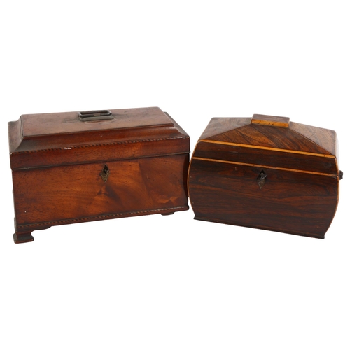 346 - A 19th century rosewood tea caddy, and a mahogany and chequered banded 19th century tea caddy, both ... 