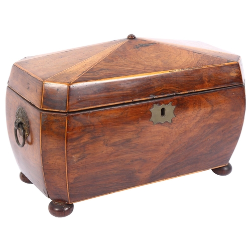 347 - A Regency mahogany and satinwood-strung tea caddy, on bun feet, W31cm (A/F)