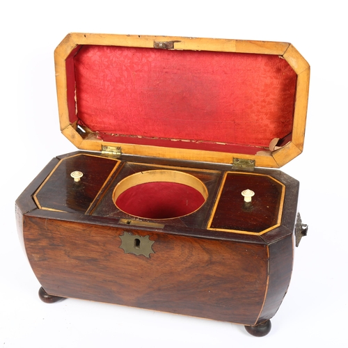 347 - A Regency mahogany and satinwood-strung tea caddy, on bun feet, W31cm (A/F)