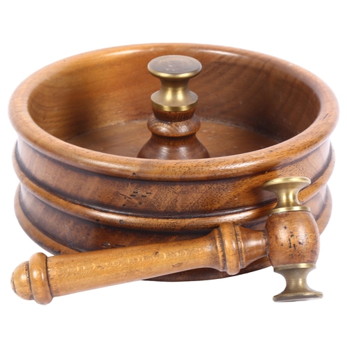 349 - A turned fruitwood nut bowl, central brass-mounted column, together with a fruitwood and brass-mount... 