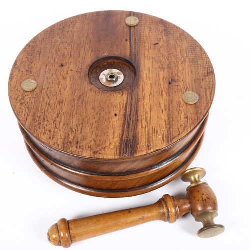 349 - A turned fruitwood nut bowl, central brass-mounted column, together with a fruitwood and brass-mount... 