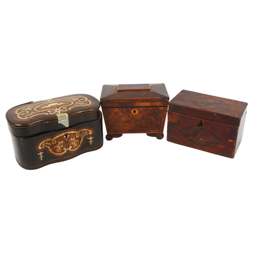 354 - 2 x 18th century mahogany tea caddies, and an 18th century serpentine-front rosewood tea caddy (all ... 