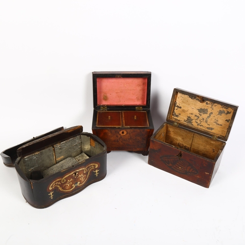 354 - 2 x 18th century mahogany tea caddies, and an 18th century serpentine-front rosewood tea caddy (all ... 