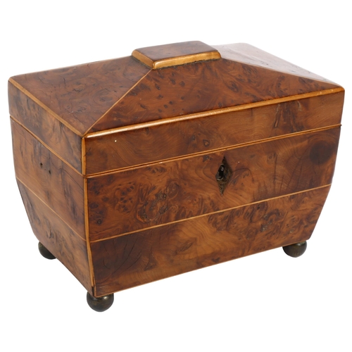 356 - An 18th century burr-walnut and satinwood-banded sarcophagus tea caddy, inner fitted lids, on brass ... 