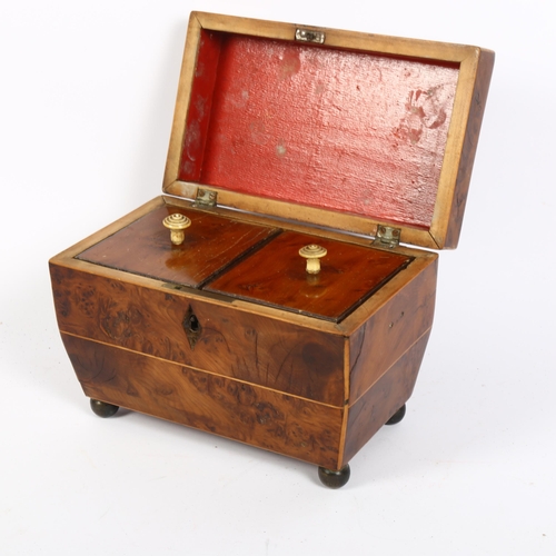 356 - An 18th century burr-walnut and satinwood-banded sarcophagus tea caddy, inner fitted lids, on brass ... 