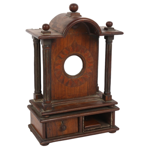 358 - A 19th century hardwood and marquetry decorated pocket watch stand, with arch-top and 2 drawers unde... 