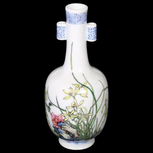 402 - A Chinese famille rose porcelain arrow bottle vase, hand painted and enamelled decoration, with rock... 