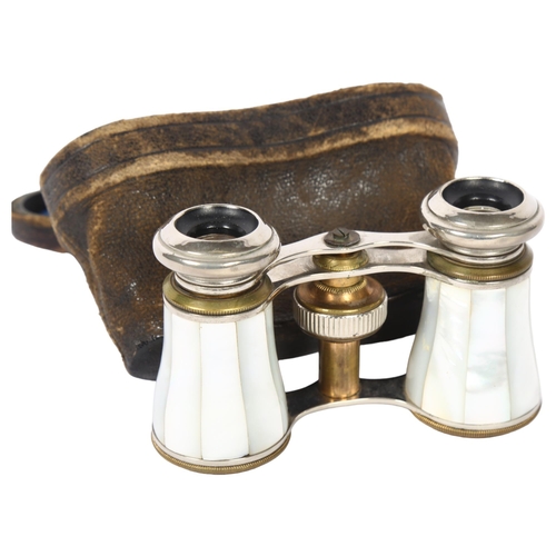 421 - A pair of small early 20th century chrome plate and mother-of-pearl opera glasses, cased (no maker's... 