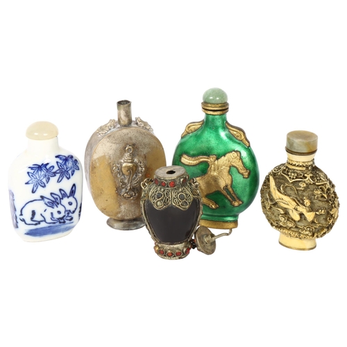 425 - A group of Oriental snuff bottles, including blue and white, resin study, white metal etc (3)