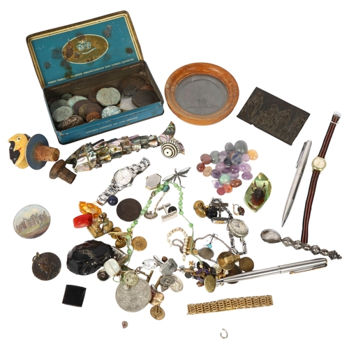 431 - A box of various items, including abalone shell articulated fish, a lady's Tissot wristwatch, a fram... 