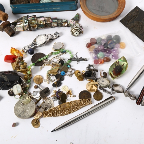 431 - A box of various items, including abalone shell articulated fish, a lady's Tissot wristwatch, a fram... 