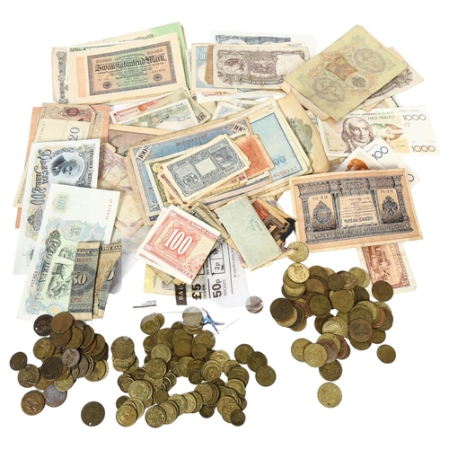 432 - A large quantity of foreign banknotes and a quantity of George 111 spade gaming tokens etc