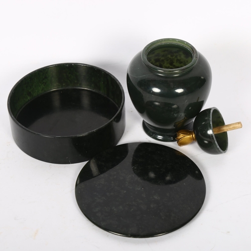 451 - 2 finely turned 19th century green ophite serpentinite pots, comprising a circular box 9cm across, h... 