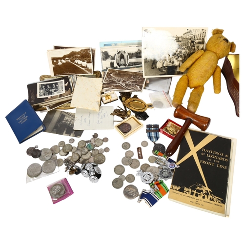 453 - A group of interesting items, including badges, postcards including 1 of Queen Mary leaving the Foun... 