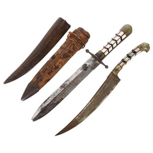 458 - 2 Middle Eastern knives, both set with horn and mother-of-pearl handles and leather sheaths