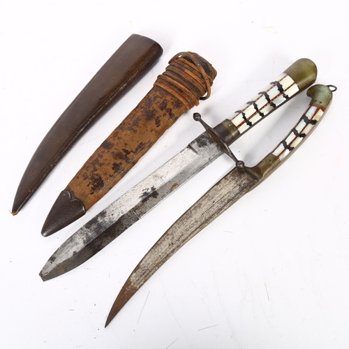 458 - 2 Middle Eastern knives, both set with horn and mother-of-pearl handles and leather sheaths