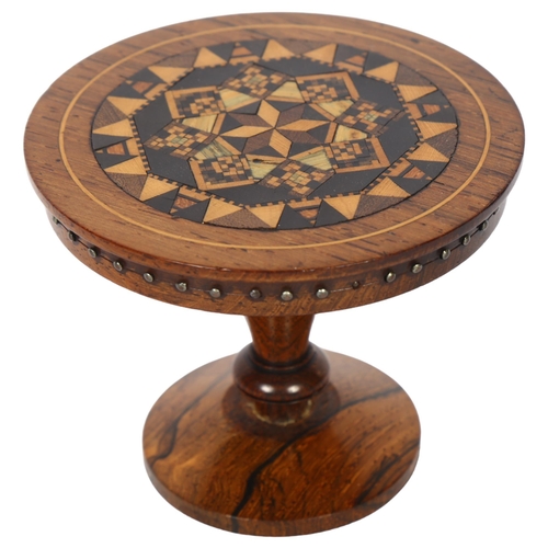 459 - A miniature rosewood Tunbridge Ware and specimen wood centre table, with metal studded decorated fri... 