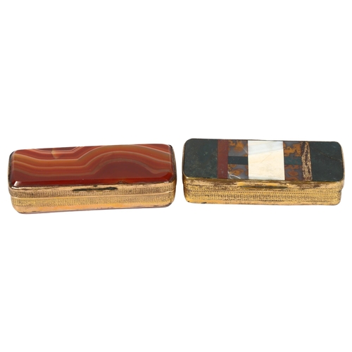 467 - 2 gilt-metal and banded agate and hardstone rectangular boxes, 1 fitted with an interior hinged meta... 