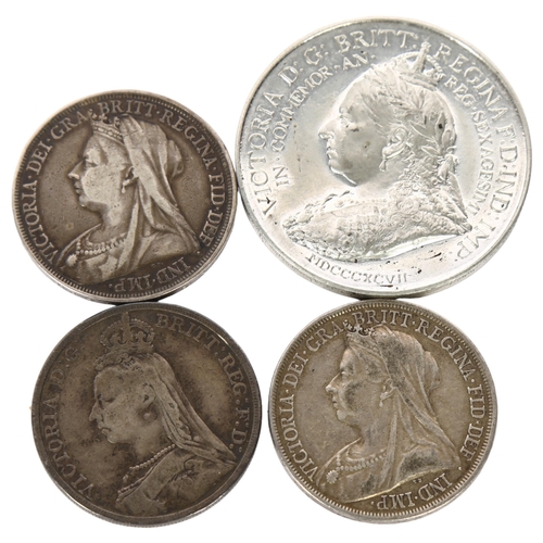 469 - 3 Victorian silver crowns, 1893, '92 and '96, and a Queen Victoria commemorative medallion