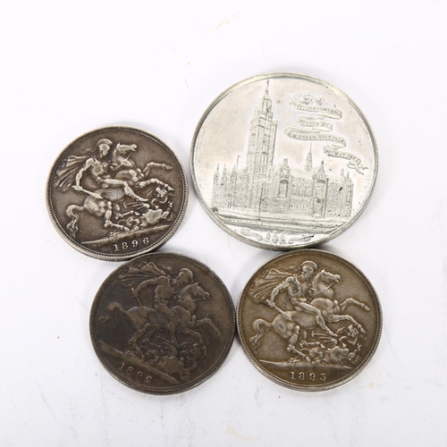 469 - 3 Victorian silver crowns, 1893, '92 and '96, and a Queen Victoria commemorative medallion