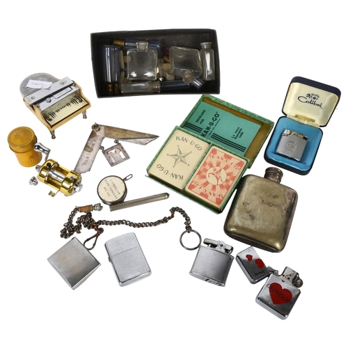 471 - A collection of various lighters, including a Prince Piano model 2 type, scent bottles, plated hip f... 