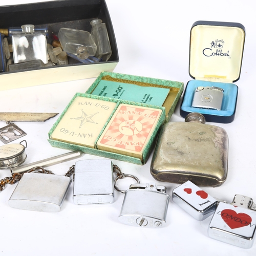 471 - A collection of various lighters, including a Prince Piano model 2 type, scent bottles, plated hip f... 