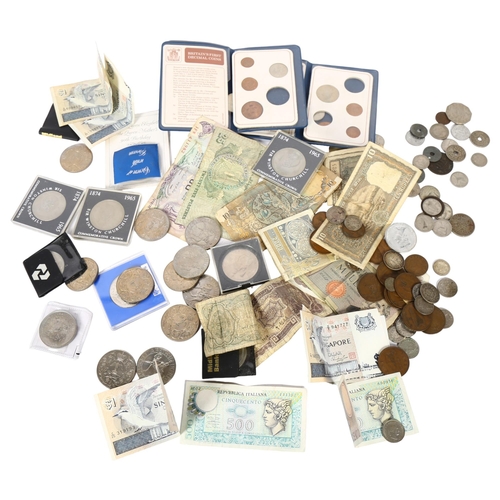 472 - Various commemorative coins, pre-decimal coins, foreign banknotes etc