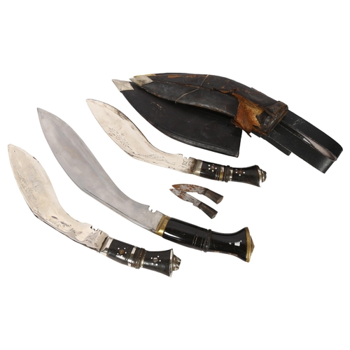 474 - A similar pair of Indian kukri knives, with horn handles, 1 having its 2 smaller knives in leather s... 