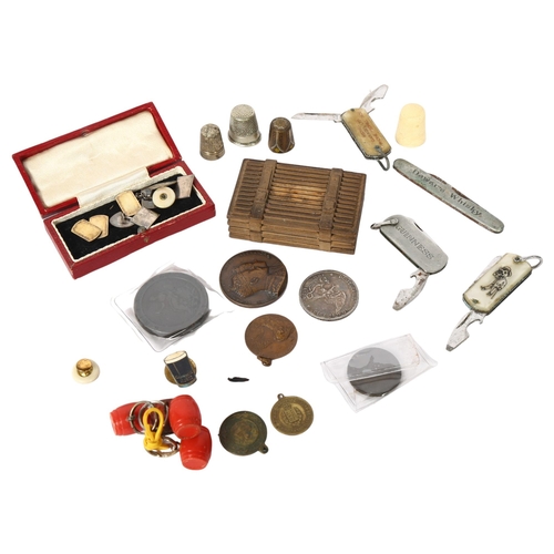 477 - A box of various items, to include silver cufflinks, cartwheel penny, penknives, thimbles etc