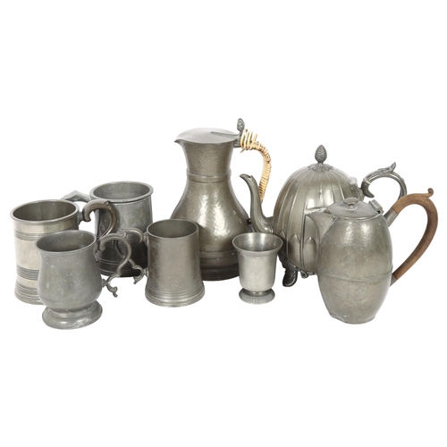 492 - A group of Victorian and later pewter ware, to include a coffee pot with woven handle, a melon-shape... 