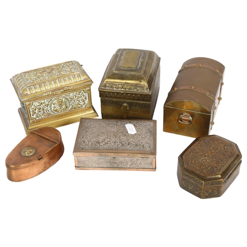 497 - A group of brass and copper boxes, and a 19th century copper snuffbox (6)