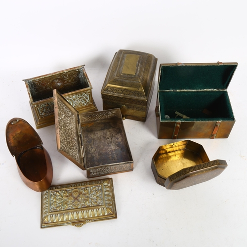 497 - A group of brass and copper boxes, and a 19th century copper snuffbox (6)