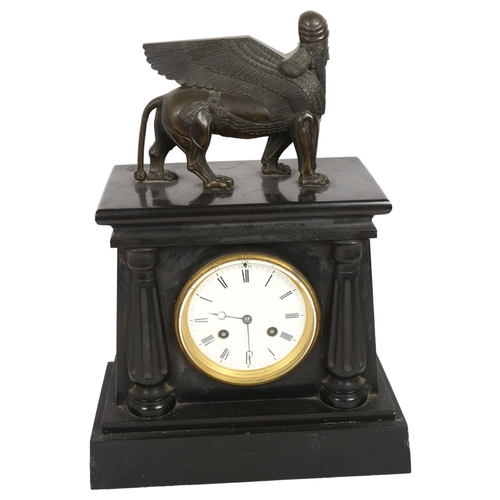 498 - An Egyptian Revival black slate mantel clock, 8-day bell striking movement, white enamel dial, surmo... 