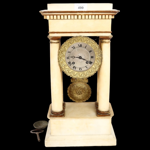 499 - An early 20th century alabaster Portico clock, 8-day bell striking movement, silvered dial, gilded m... 