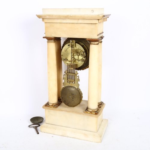 499 - An early 20th century alabaster Portico clock, 8-day bell striking movement, silvered dial, gilded m... 