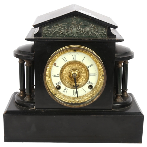 500 - A Victorian painted black metal architectural mantel clock, an 8-day Ansonia Clock Company movement ... 