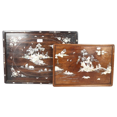 508 - 2 rectangular Chinese hardwood tea trays, both having mother-of-pearl inlaid decoration, largest 52 ... 